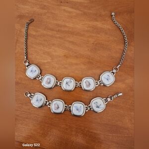 Vintage Porcelain Tile Butterfly Silver-Tone Necklace And Bracelet Set